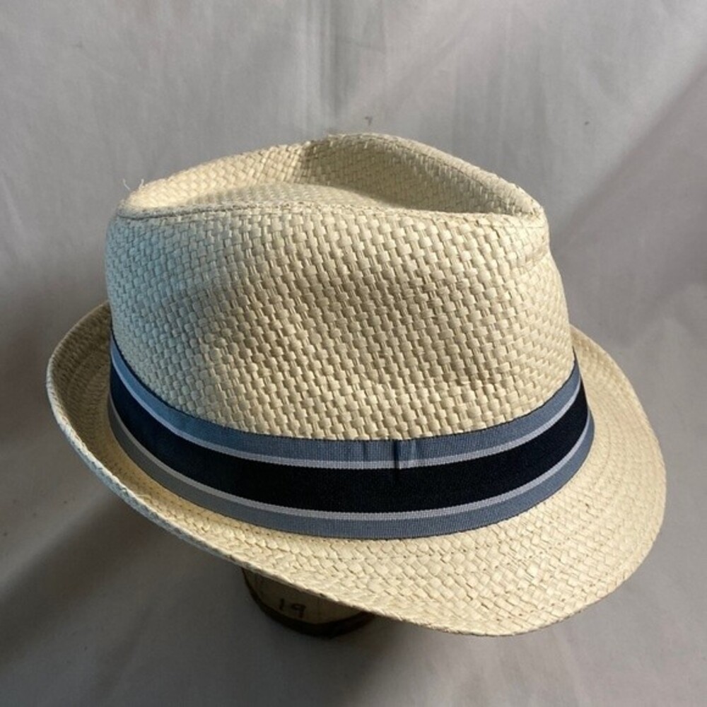 Milani 100% straw L/XL tan fedora Sun summer everyday hat with blue ribbon NWOT